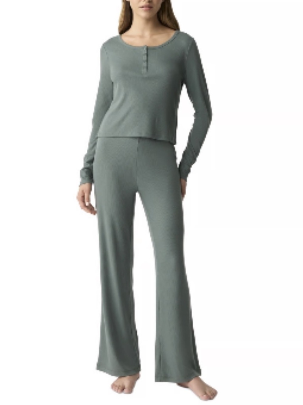 GAP Body S Green Ribbed 3 Piece PJ Lounge Set Long Sleeve Henley Pants Shorts